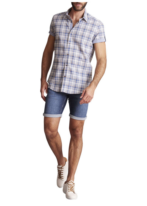 Chemise à manches courtes en coton grise imprimée tartan et à coupe regular fit