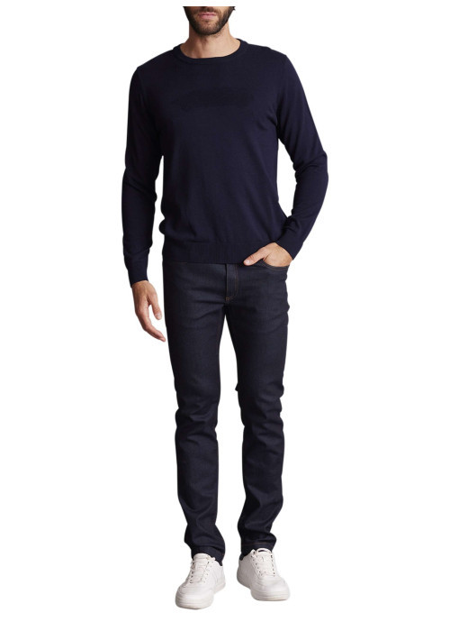 Pull en coton bleu marine uni à coupe ajustée avec le logo ton sur ton