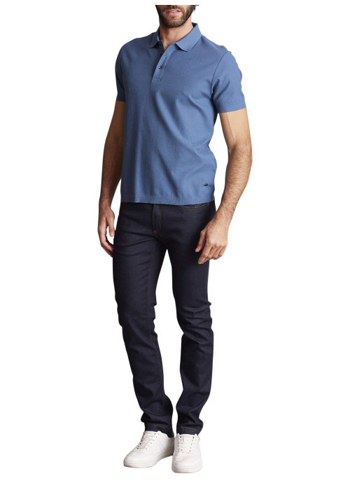 Polo en coton bleu uni à coupe regular fit avec des motifs piqués ton sur ton