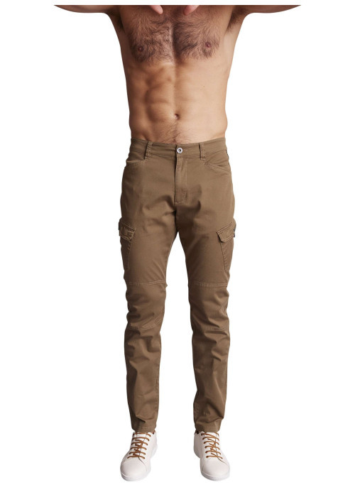 Cargo en coton kaki uni à coupe slim fit avec des passants à la taille