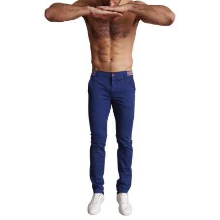 Pantalon chino en coton bleu uni à coupe slim...