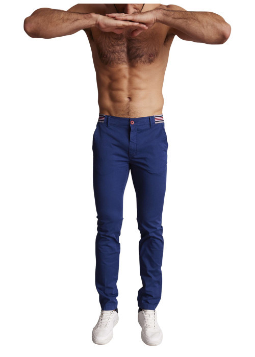 Pantalon chino en coton bleu uni à coupe slim fit et à taille tricolore