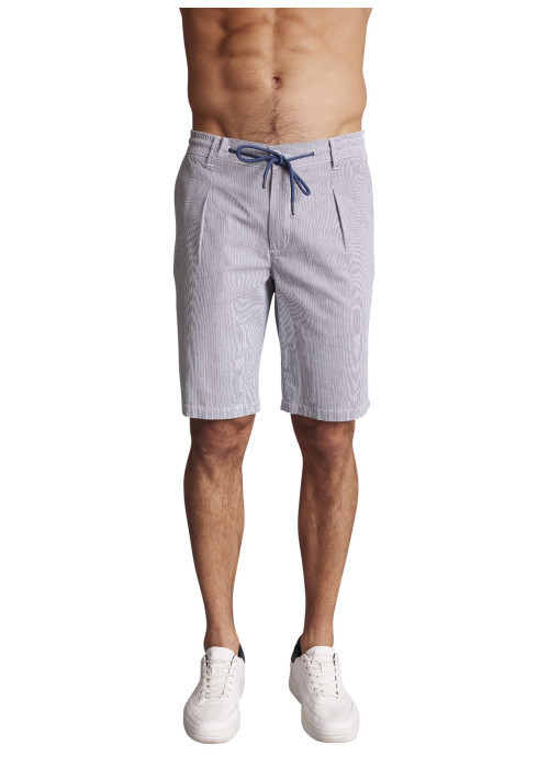 Bermuda chino en coton bleu rayé à coupe droite avec un cordon à la taille
