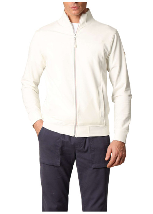 Sweat zippé en coton mélangé écru uni avec une coupe droite et un col montant