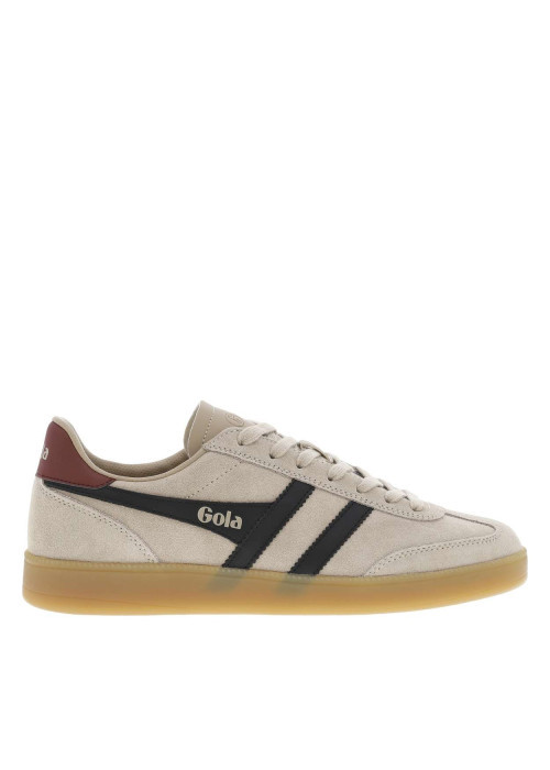 Tennis en cuir taupe en daim avec des empiècements noirs et à lacets plats