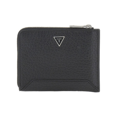 Porte-cartes zippé en cuir grainé noir uni avec...