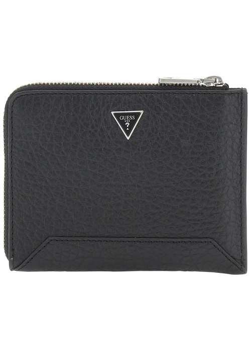 Porte-cartes zippé en cuir grainé noir uni avec le logo à l'avant