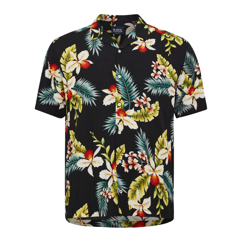North 56°4 - Chemise à Manches Courtes Noire à Imprimé Tropical Avec Un Col Cubain - Noire