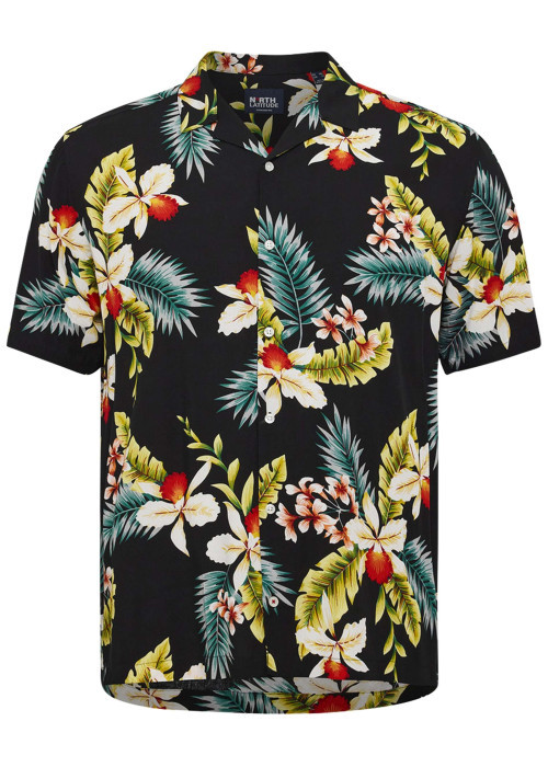 Chemise à manches courtes noire à imprimé tropical avec un col cubain