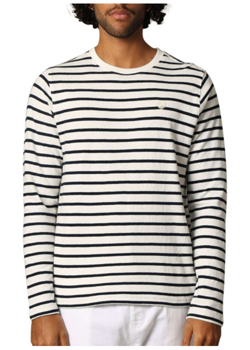 Pull en coton blanc à rayures bleues marine avec un col rond et une coupe droite