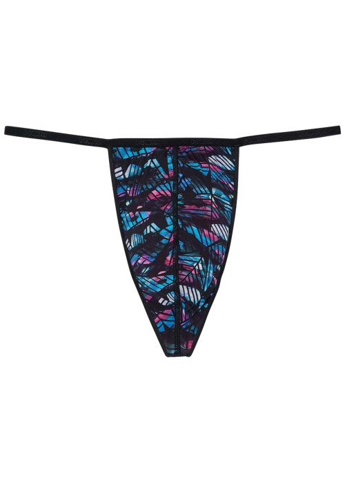 String noir en dentelle ajourée avec une doublure imprimée bleue et rose