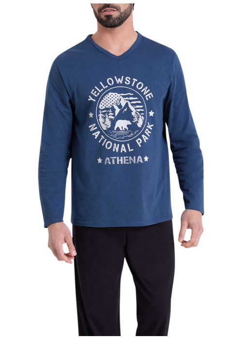 Pyjama long en coton bleu et noir uni à coupe droite avec un imprimé