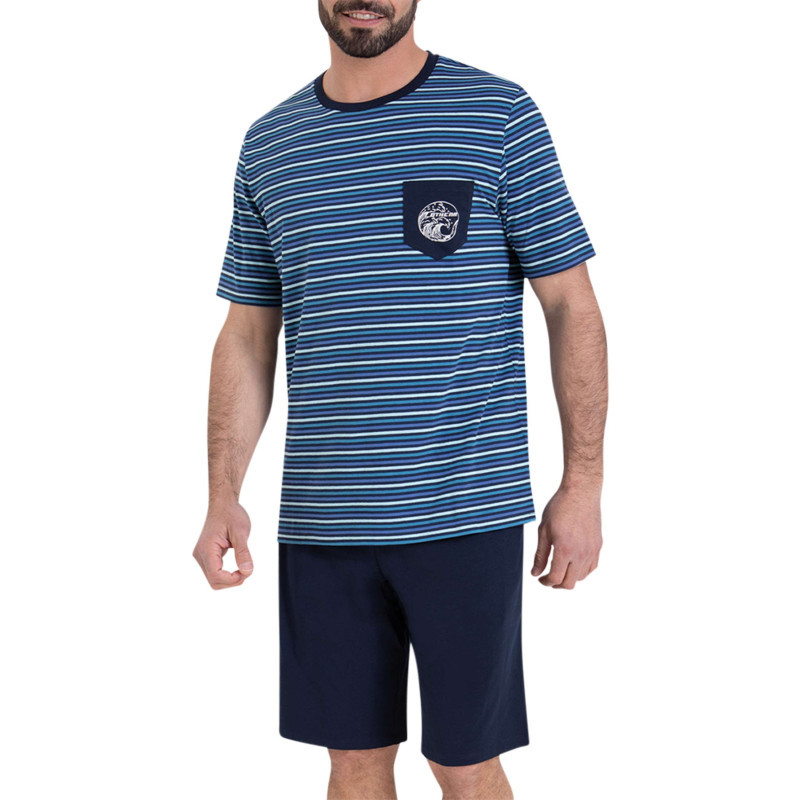 Athéna - Pyjama Court En Coton Bleu à Rayures Et à Coupe Droite Avec Une Poche - Bleu Athéna - Pyjama Court En Coton Bleu à Rayures Et à Coupe Droite Avec Une Poche - Bleu