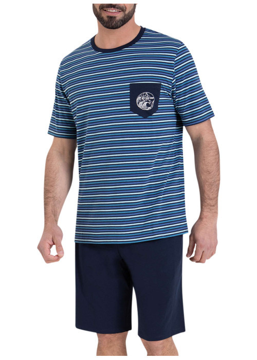 Pyjama court en coton bleu à rayures et à coupe droite avec une poche