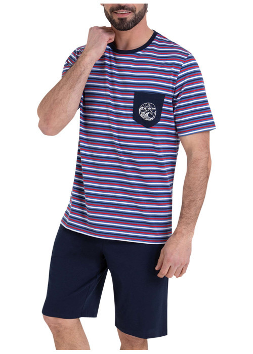 Pyjama court en coton rouge et bleu marine à rayures et à coupe droite