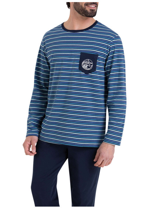 Pyjama long en coton bleu à rayures et à coupe droite avec une poche