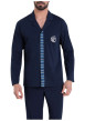 Thumbnail Pyjama chemise long en coton bleu marine uni à coupe droite et à col v à revers