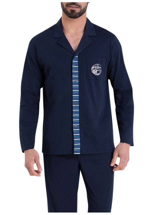Pyjama chemise long en coton bleu marine uni à coupe droite et à col v à revers