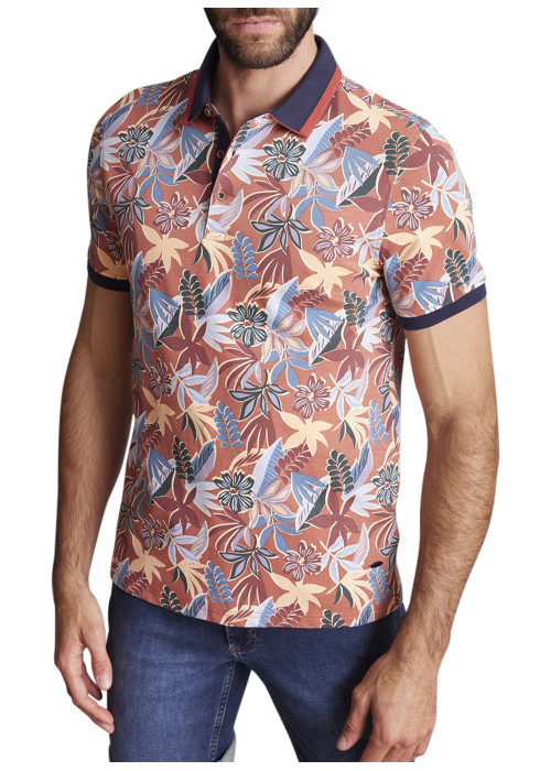 Polo en coton orange fleuri à coupe slim fit et à col fermé par trois boutons