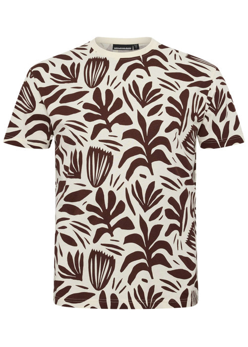 T-shirt en coton écru à imprimé feuilles bordeaux et à col rond