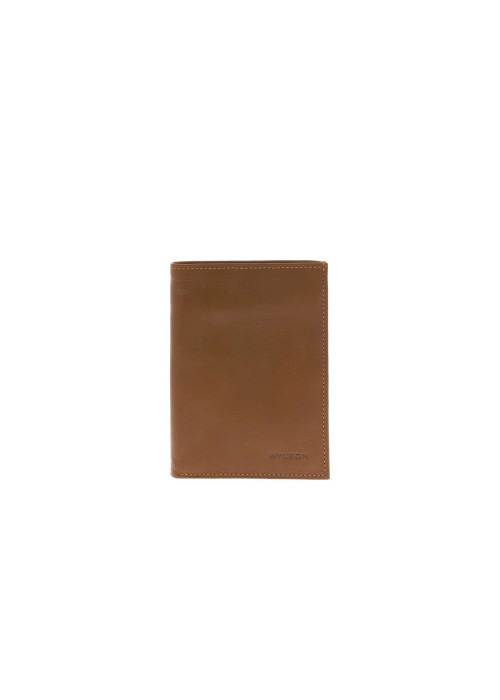 Portefeuille en cuir de vache camel uni avec plusieurs compartiments pour cartes