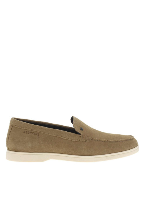 Mocassins en cuir sable avec le nom de la marque et à talon décroché bas