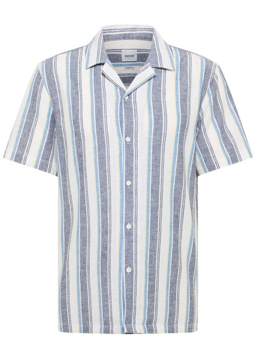 Chemise manches courtes en lin et coton bleue rayée avec un col cubain