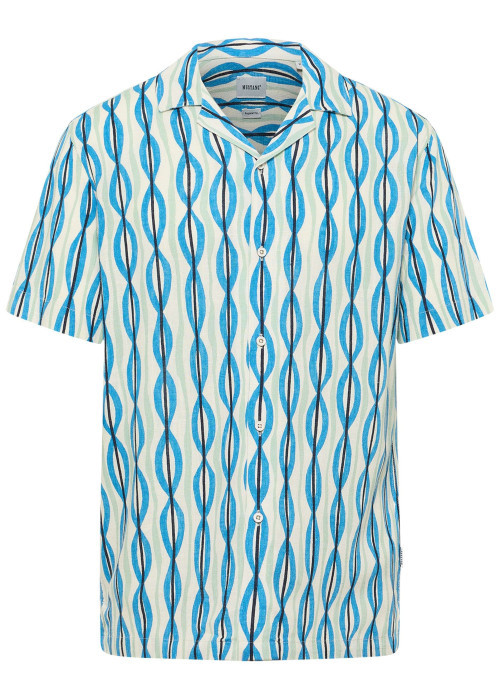 Chemise manches courtes bleue à motifs géométriques et à col cubain