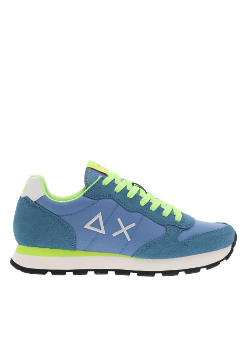 Baskets running bleues et jaunes fluorescentes à semelle plate blanche