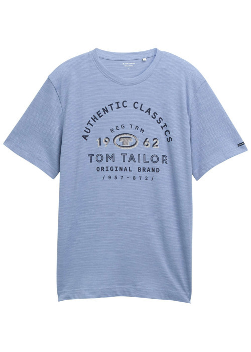 T-shirt en coton bleu imprimé à la poitrine avec de fines rayures et un col rond