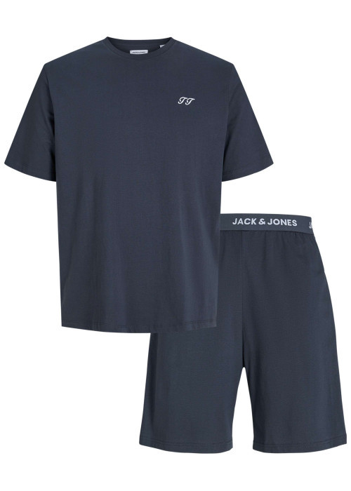 Pyjama court en coton marine uni avec une coupe droite et un col rond