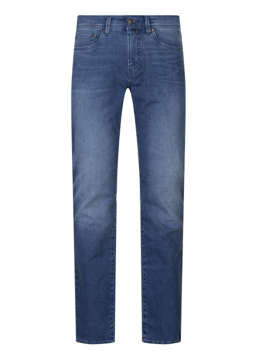 Jean stone uni avec une coupe ajustée et un patch d'authenticité
