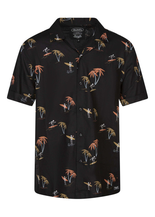 Chemise noire avec des imprimés une coupe droite et un col cubain