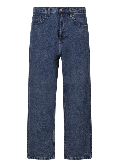Jean en coton indigo uni avec une coupe droite et un patch de la marque