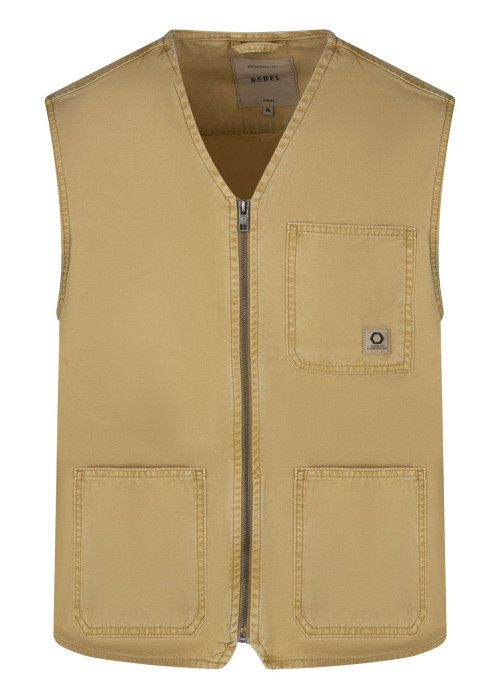 Blouson sans manches en coton beige uni avec une coupe droite et un col v