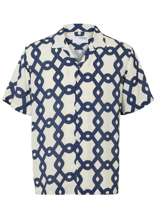 Chemise écrue et bleue à motif géométrique avec coupe regular et col cubain