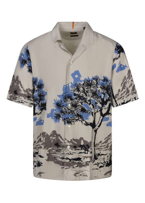 Chemise beige avec paysage imprimé à coupe droite avec un col cubain