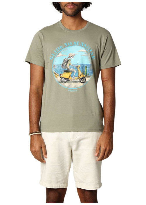 T-shirt en coton kaki imprimé avec une coupe droite et un col rond