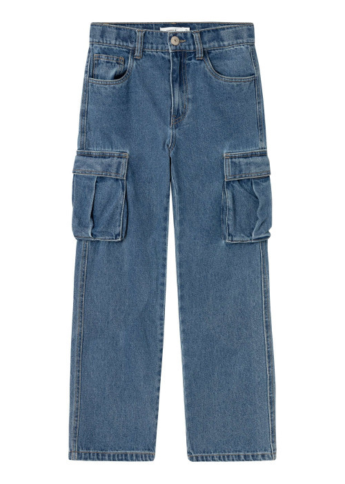 Jean en coton bleu uni avec poches cargo et poches plaquées arrière