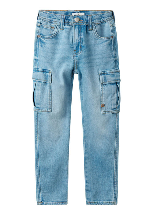Cargo en coton bleu stone uni avec une coupe slim et une taille mi-haute