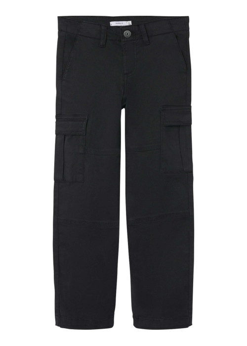 Cargo en coton noir uni avec une coupe regular fit et une taille basse