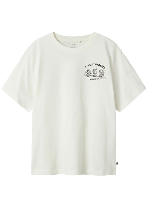 T-shirt en coton biologique blanc à imprimé dessin, coupe droite et col rond