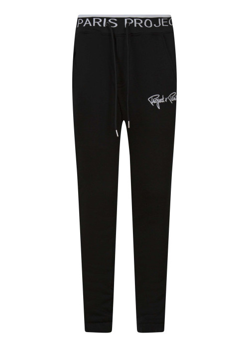 Pantalon jogging noir uni avec une coupe slim et des cordons sur la taille