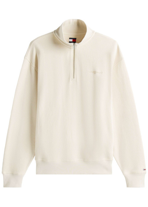 Pull en coton écru uni aspect gaufré avec un col camionneur et le logo brodé