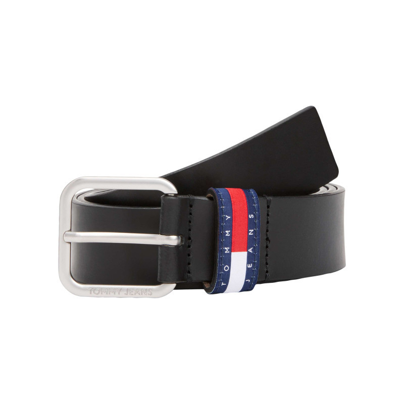 Tommy Jeans - Ceinture En Cuir Lisse Noire Unie à Boucle Carrée Argentée Et à Passant Logo - Noire