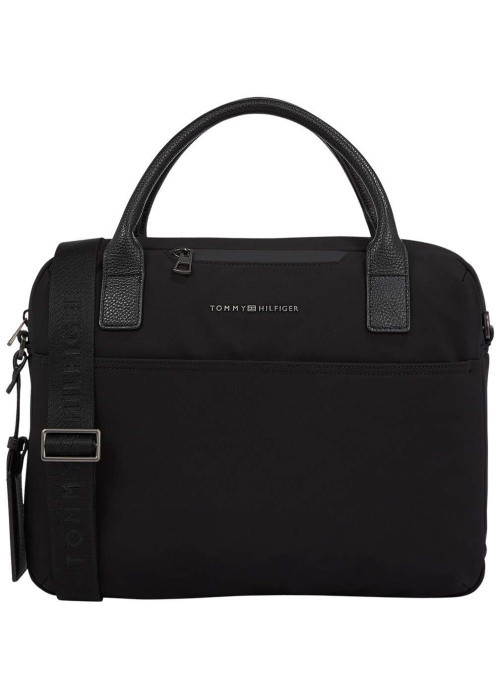 Sac porte documents noir uni avec nom iconique à l'avant et fermeture zippée