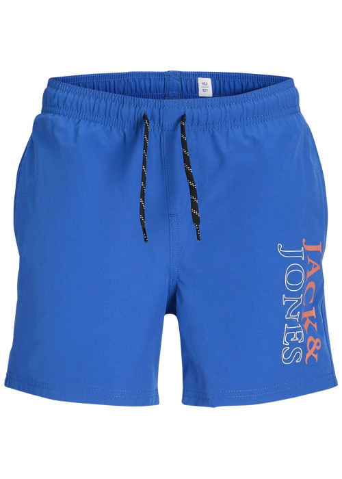 Boxer de bain bleu uni à coupe droite avec cordon de serrage et logo orange