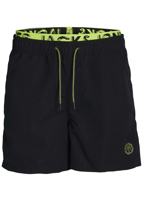 Boxer de bain noir uni à coupe regular avec imprimé jaune et cordon de serrage