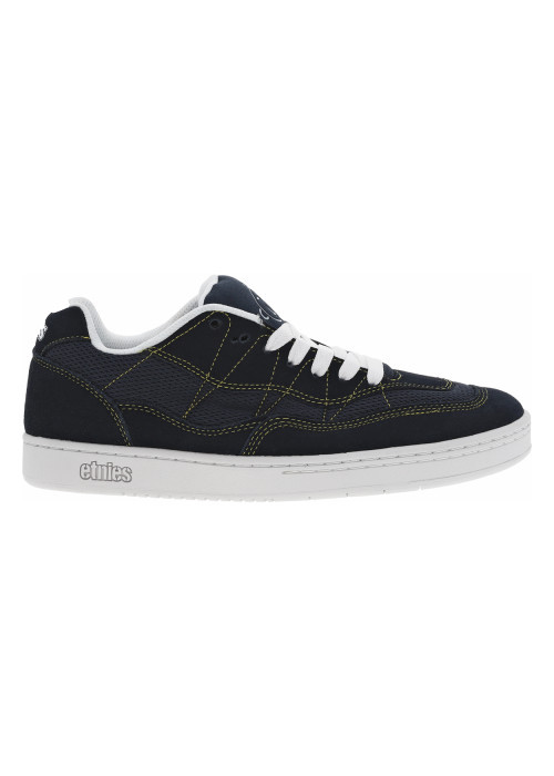 Baskets larges en cuir bleues marine à surpiqûres jaunes et à lacets plats