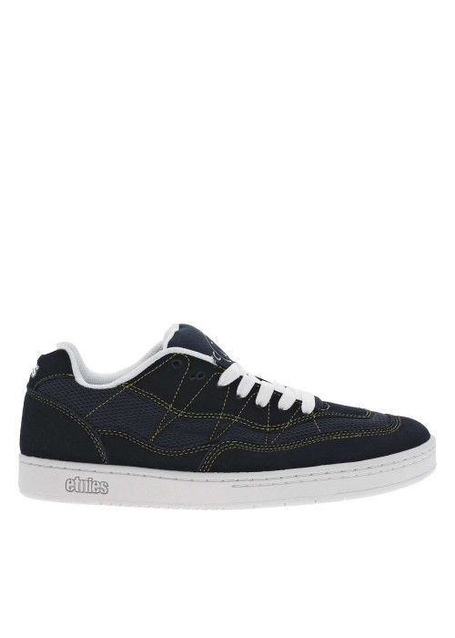 Baskets larges en cuir bleues marine à surpiqûres jaunes et à lacets plats - Image 2